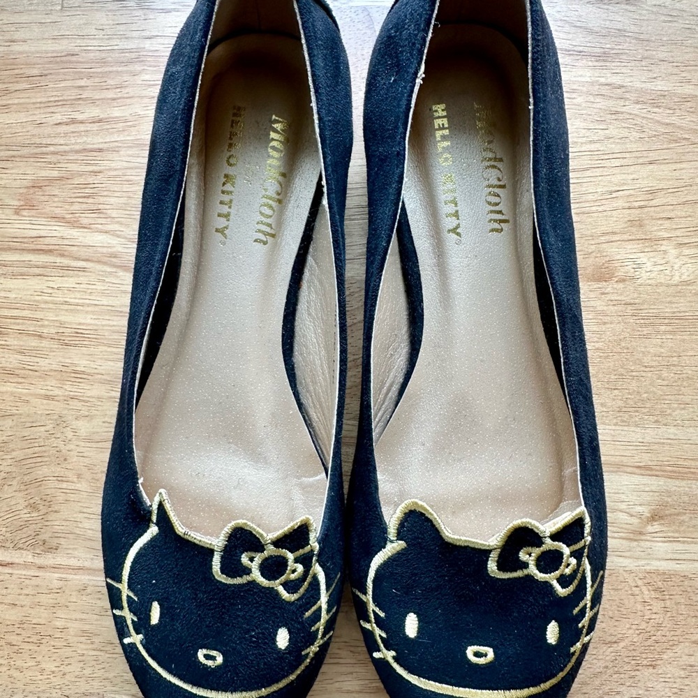Modcloth x Hello Kitty -Black Flats with Gold Hello Kitty Embroidery